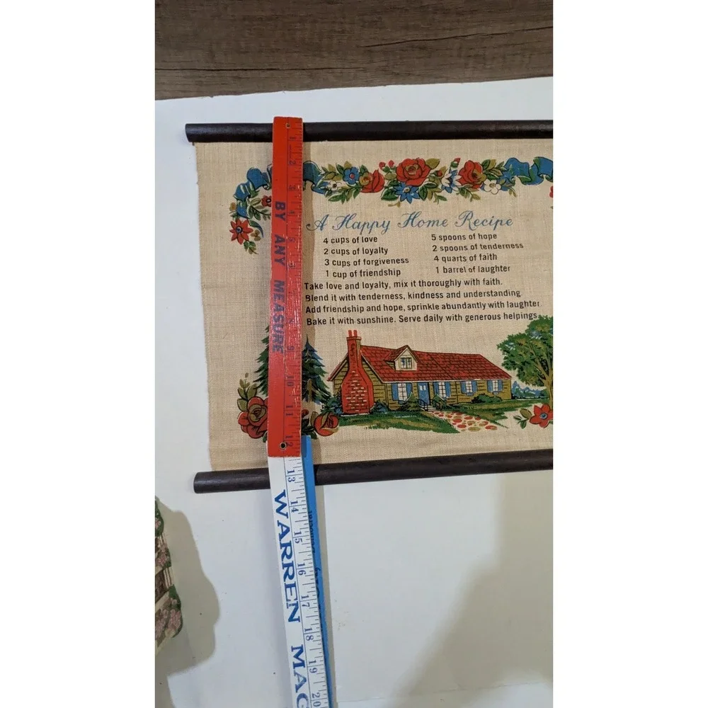 Vintage A Happy Home Recipe Linen Wall Hanging Wood Dowels Country Cottage Art‎